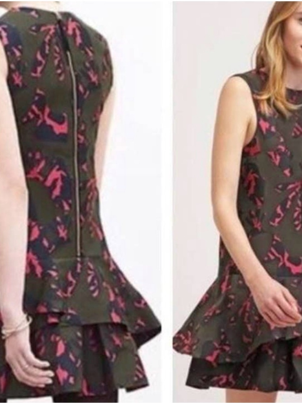 Banana Republic Olive Green Jacquard Mini Dress with Pink Floral Accents